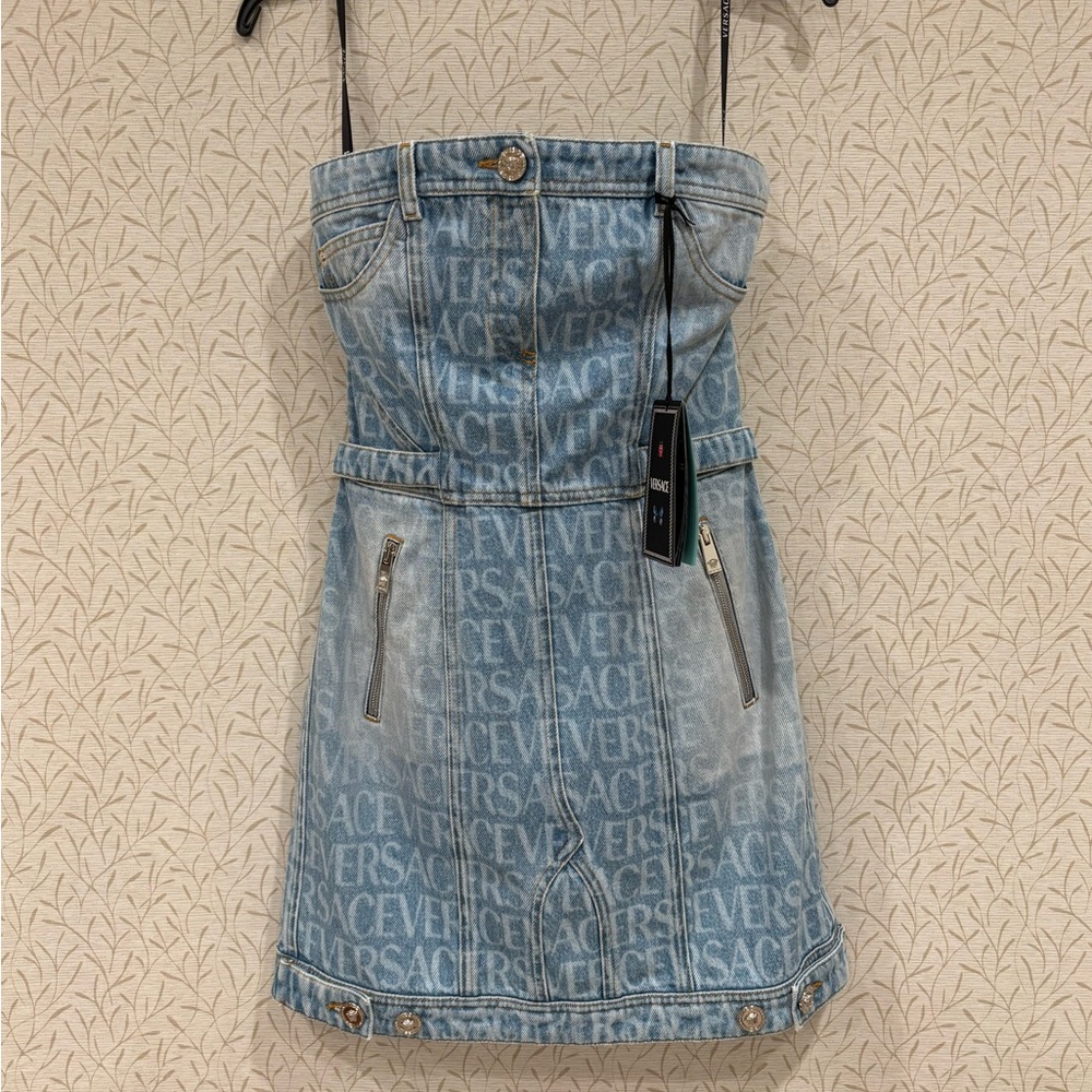 Versace Logo Print Denim Mini Dress